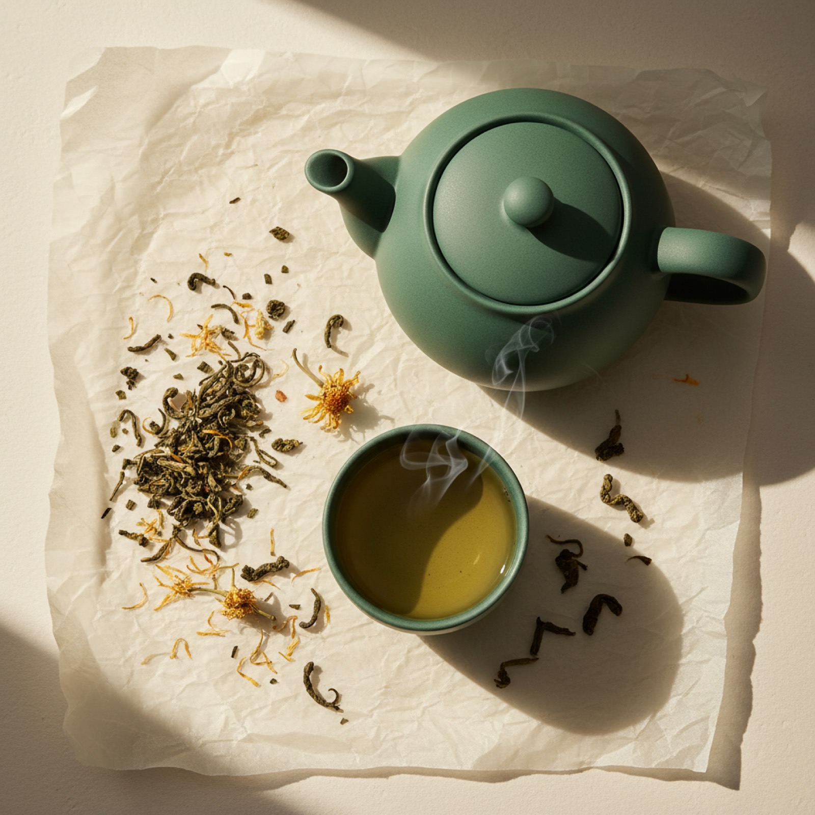 Théière et tasse de thé vert