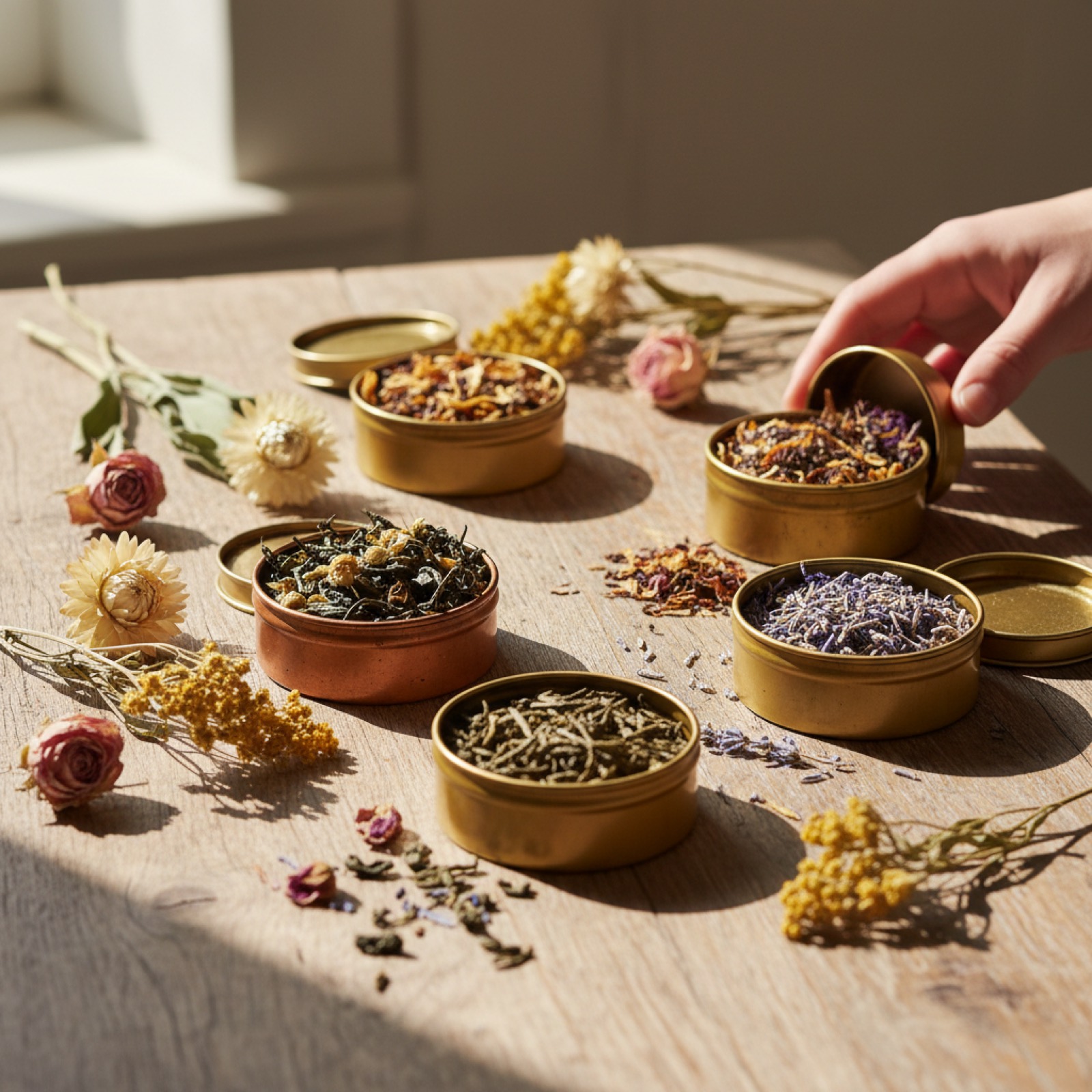 Plusieurs thés en vrac sur une table